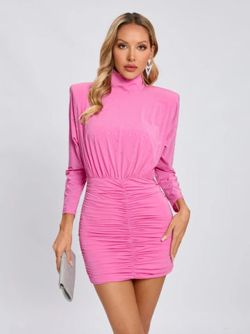 Nayla Turtleneck Rhinestone Ruched Long Sleeve Dress